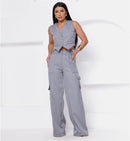 Conjunto Colete Curto e Calça Cargo Alfaiataria Feminino