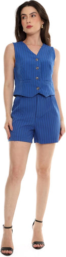 Conjunto Feminino Alfaiataria Listrado – Short e Colete com Botões Con-0068 Look Social Estiloso e Versátil