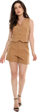 Conjunto Feminino Alfaiataria Listrado – Short e Colete com Botões Con-0068 Look Social Estiloso e Versátil