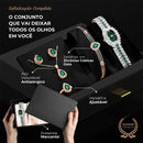 Conjunto Feminino de Luxo Pretty Lovely – Colar, Anel Ajustável, Pulseira, Brincos e Relógio em Aço Inoxidável com Zircônias Verdes – Acompanha Bolsa de Veludo