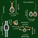 Conjunto Feminino de Luxo Pretty Lovely – Colar, Anel Ajustável, Pulseira, Brincos e Relógio em Aço Inoxidável com Zircônias Verdes – Acompanha Bolsa de Veludo