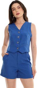 Conjunto Feminino Alfaiataria Listrado – Short e Colete com Botões Con-0068 Look Social Estiloso e Versátil