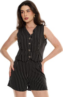 Conjunto Feminino Alfaiataria Listrado – Short e Colete com Botões Con-0068 Look Social Estiloso e Versátil