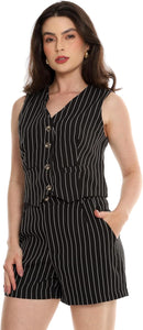 Conjunto Feminino Alfaiataria Listrado – Short e Colete com Botões Con-0068 Look Social Estiloso e Versátil