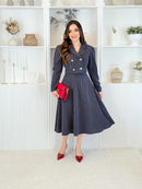 Conjunto Feminino Alfaiataria Risca de Giz Blazer Com Botões + Saia Midi