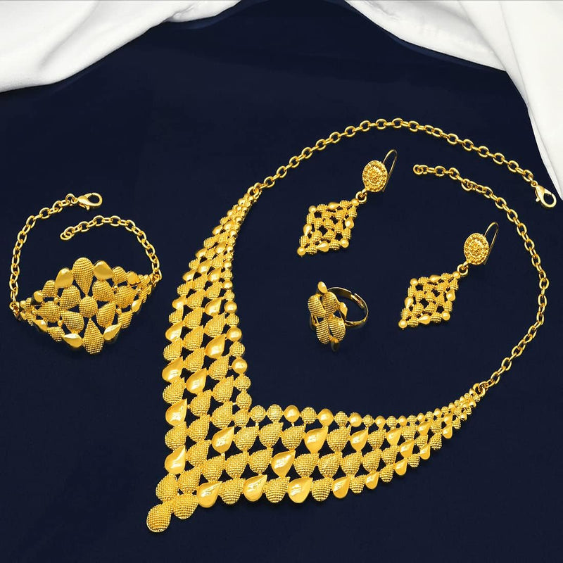 Conjunto de colar de joias femininas indianas em Dubai noiva africana casamento formatura moda joias 24K banhado a ouro colar pulseiras anéis brincos conjunto de 4 peças