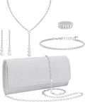 NEWITIN Conjunto de 5 peças de joias de strass para mulheres, joias de formatura, bolsa de embreagem de cristal, colares, pulseiras, brincos, conjunto de joias de prata para mulheres noivas