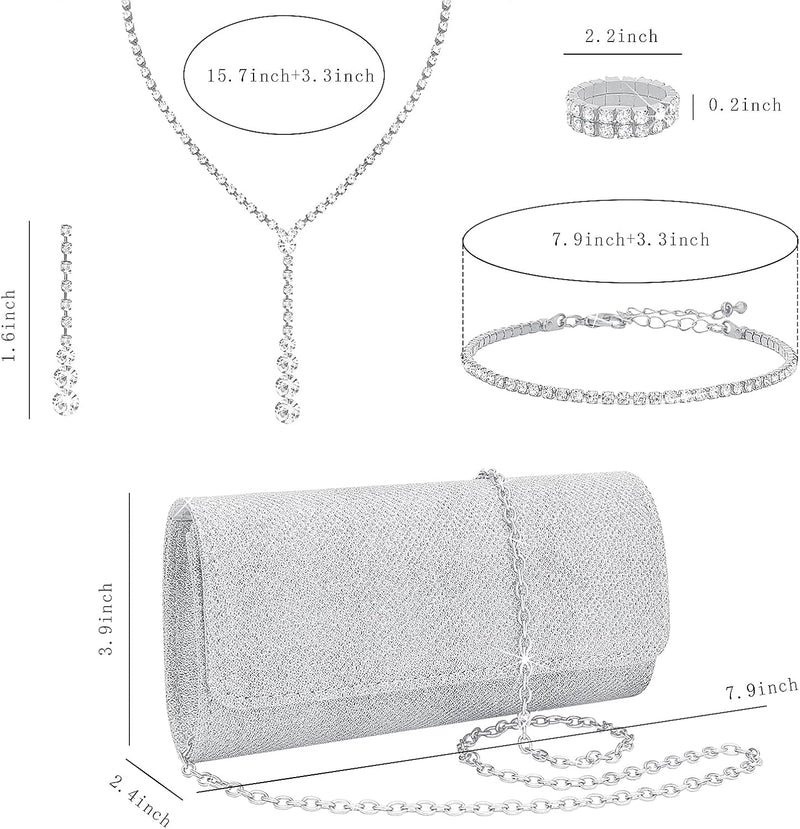 NEWITIN Conjunto de 5 peças de joias de strass para mulheres, joias de formatura, bolsa de embreagem de cristal, colares, pulseiras, brincos, conjunto de joias de prata para mulheres noivas