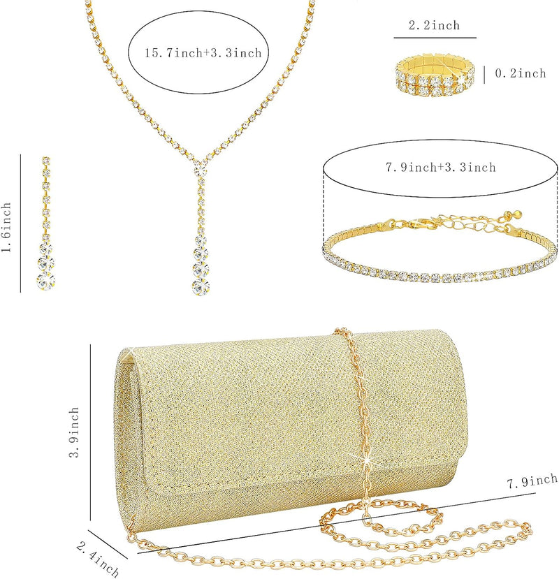 NEWITIN Conjunto de 5 peças de joias de strass para mulheres, joias de formatura, bolsa de embreagem de cristal, colares, pulseiras, brincos, conjunto de joias de prata para mulheres noivas