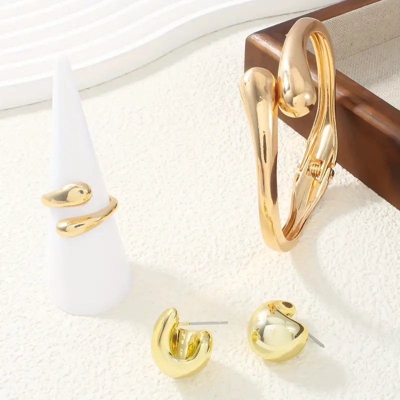Conjunto de Joias Femininas Elegantes, 4 peças: Pulseiras, Anéis e Brincos, Design Criativo de Primavera, Pulseira Aberta, Adequada para Uso Diário e Festas