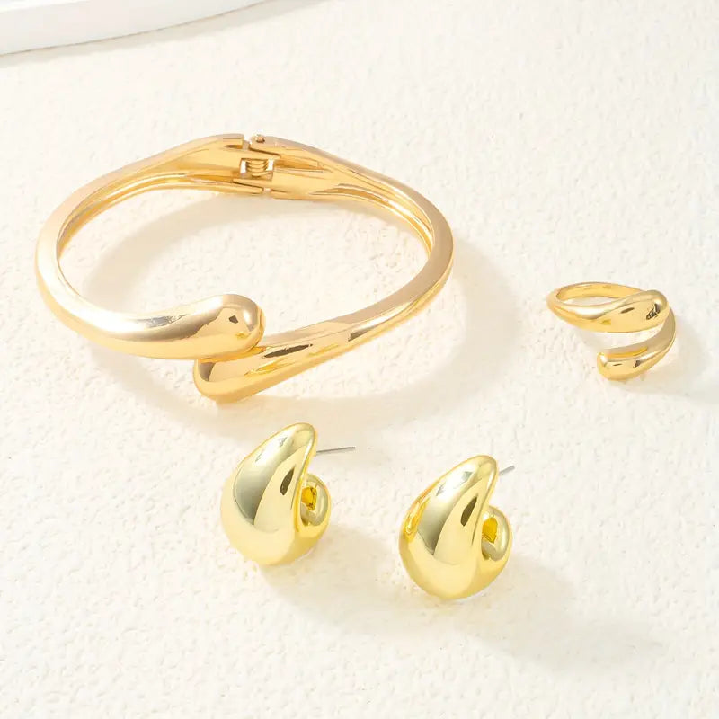 Conjunto de Joias Femininas Elegantes, 4 peças: Pulseiras, Anéis e Brincos, Design Criativo de Primavera, Pulseira Aberta, Adequada para Uso Diário e Festas