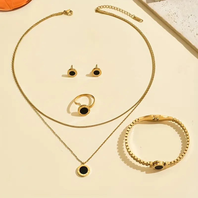 Conjunto de 4 Peças de Colar, Pulseira e Brincos Luxuosos e Modernos com Corrente Roman Blade para Mulheres - Perfeito para Uso Diário ou Ocasiões Festivas