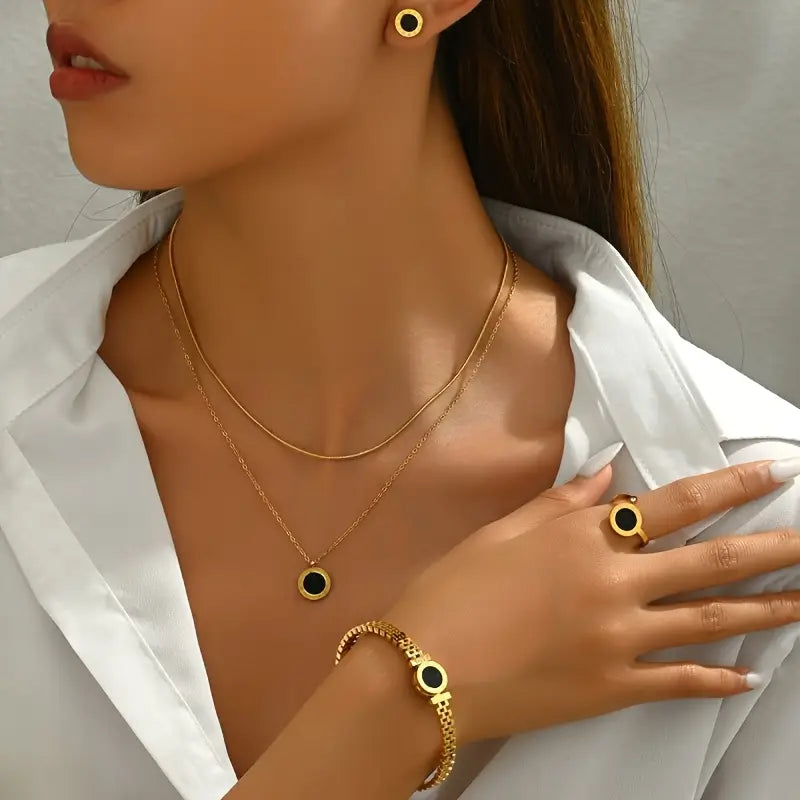 Conjunto de 4 Peças de Colar, Pulseira e Brincos Luxuosos e Modernos com Corrente Roman Blade para Mulheres - Perfeito para Uso Diário ou Ocasiões Festivas