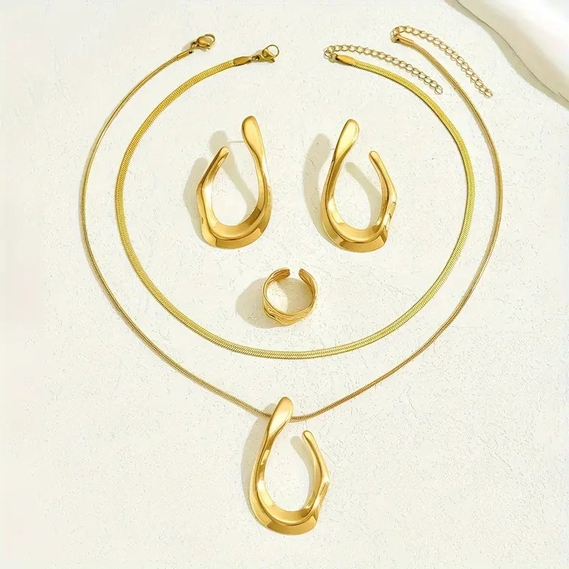 Conjunto de Joias com 5 Peças - Brincos em Aço Inoxidável com Padrão Geométrico Irregular, Anéis Empilháveis e Colar para Mulheres, Sem Incrustação de Pedra Sintética, Série Versátil para Festas e Presente - Adequado para Todas as Estações