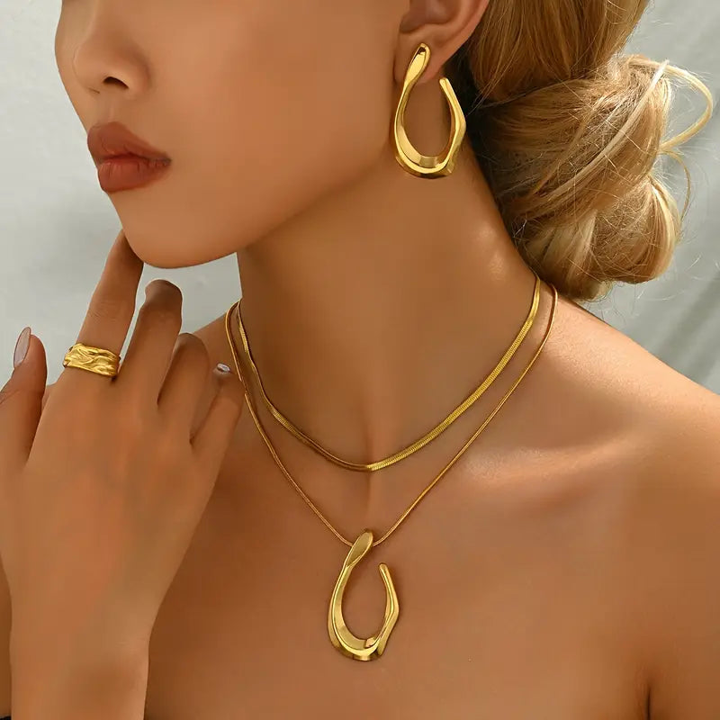 Conjunto de Joias com 5 Peças - Brincos em Aço Inoxidável com Padrão Geométrico Irregular, Anéis Empilháveis e Colar para Mulheres, Sem Incrustação de Pedra Sintética, Série Versátil para Festas e Presente - Adequado para Todas as Estações
