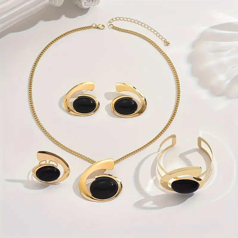 Conjunto de 5 peças de joias femininas chiques - Acessórios de liga elegantes com colar, anel, brincos e pulseira - Acentos de pedra preta para uso diário e festas, joias de festa|Joias elegantes|Joias de liga, acessórios de joias