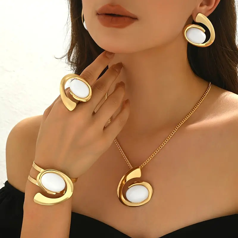 Conjunto de 5 peças de joias femininas chiques - Acessórios de liga elegantes com colar, anel, brincos e pulseira - Acentos de pedra preta para uso diário e festas, joias de festa|Joias elegantes|Joias de liga, acessórios de joias