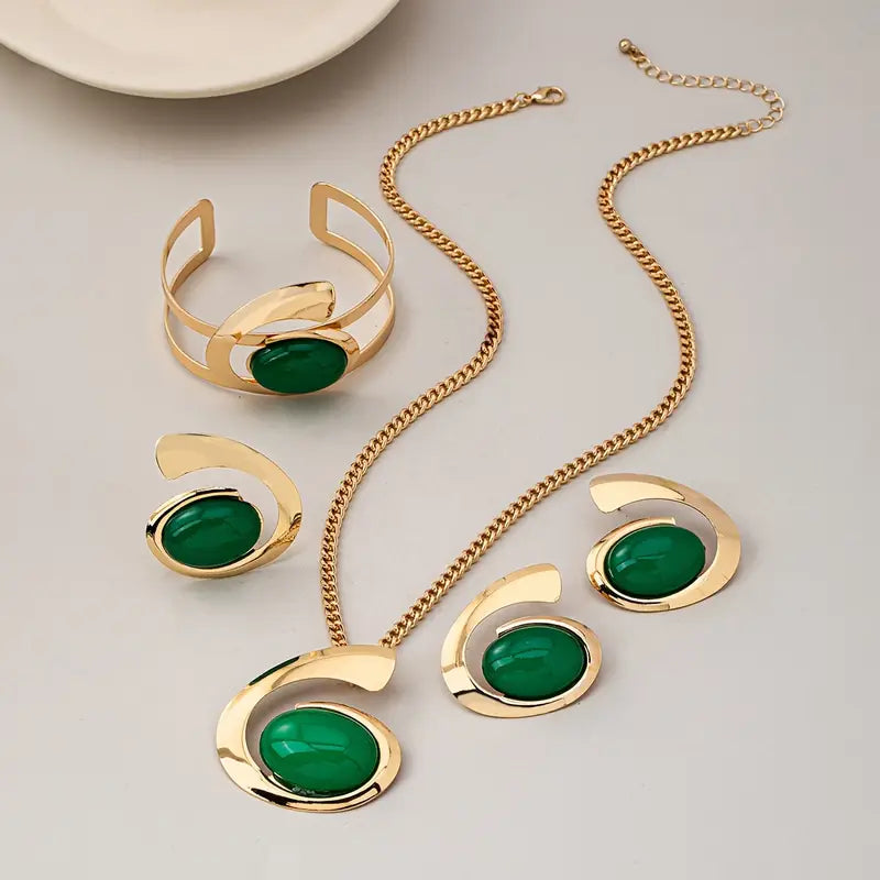 Conjunto de 5 peças de joias femininas chiques - Acessórios de liga elegantes com colar, anel, brincos e pulseira - Acentos de pedra preta para uso diário e festas, joias de festa|Joias elegantes|Joias de liga, acessórios de joias