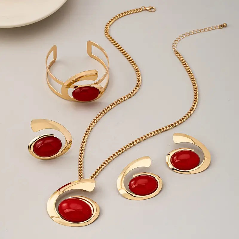 Conjunto de 5 peças de joias femininas chiques - Acessórios de liga elegantes com colar, anel, brincos e pulseira - Acentos de pedra preta para uso diário e festas, joias de festa|Joias elegantes|Joias de liga, acessórios de joias