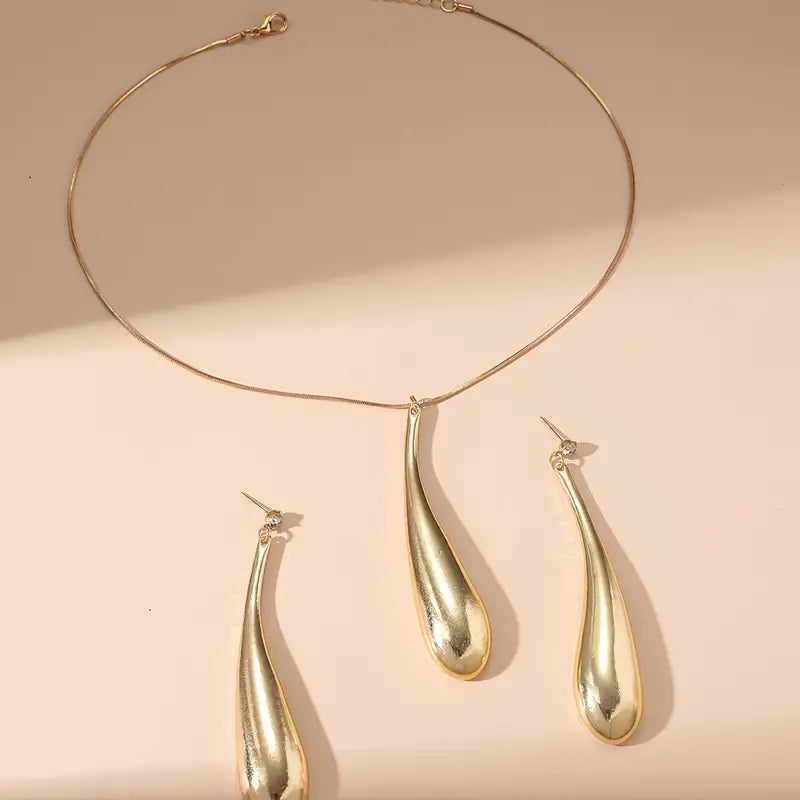 Conjunto de colar e brincos em estilo punk simples com pingente em forma de gota d'água - Combo de joias de liga de alumínio com strass para mulheres, perfeito para ocasiões diárias e festas - Conjunto de 3 peças