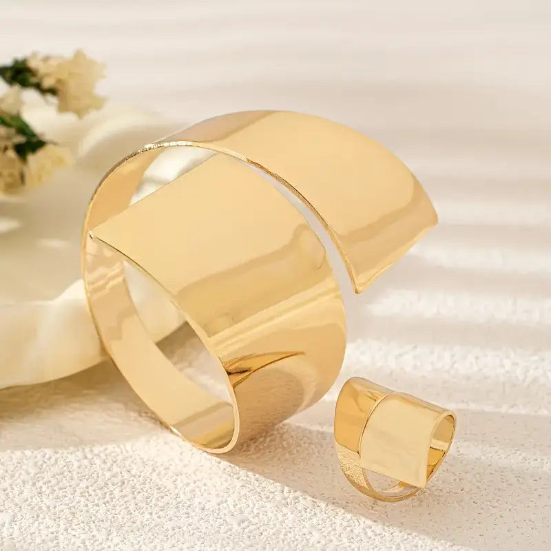 2 Peças Conjunto de Joias Feminino com Pulseira Geométrica e Anel, Estilo Moderno e Ousado para Uso Diário ou Festas, Presente em Combo